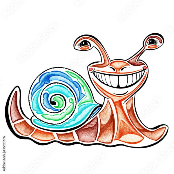 Obraz Garden snail smiles hand drawn with color markers decorative style sketch isolated on a white background.