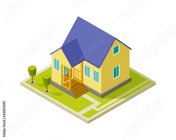Fototapeta Urban cottage exterior. Simple isometric house building. Isolated 3d home with trees vector illustration. Cottage house exterior, building architecture