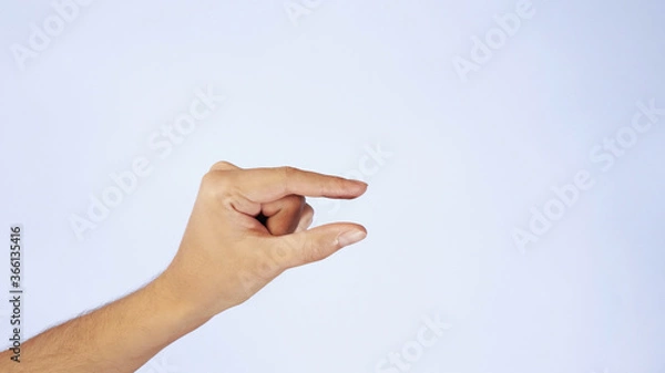 Fototapeta Man caucasian hand showing  gesture of little size with two fingers, isolated over white background. Showing small thing gesture