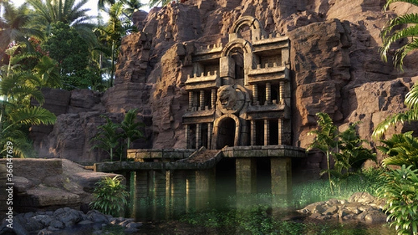 Obraz ancient temple of the jaguar in the cliff rocks, hidden in the tropical rainforest, 3D fantasy environment background concept