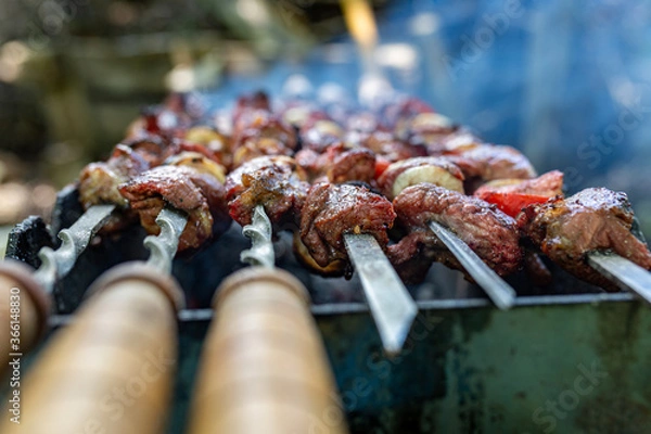 Fototapeta Skewers uncooked in nature on skewers in the open air. shashlyk
