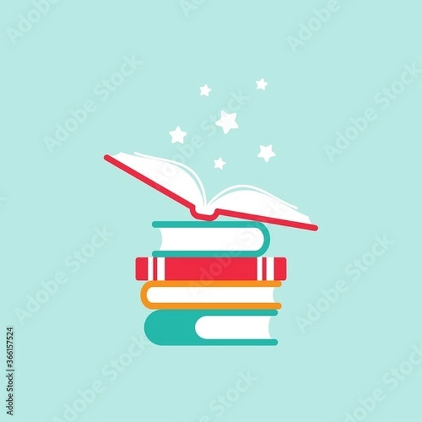 Obraz stack of books and open book with white stars flying out. Isolated on powder blue background.