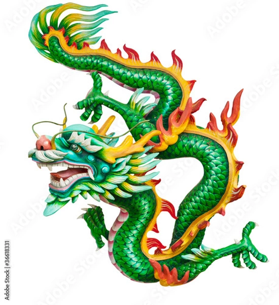 Fototapeta Green dragon isolated on white background with clipping path