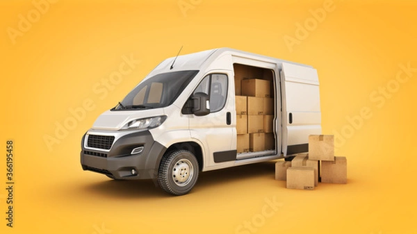 Obraz commercial delivery vans with cardboard boxes. 3d rendering