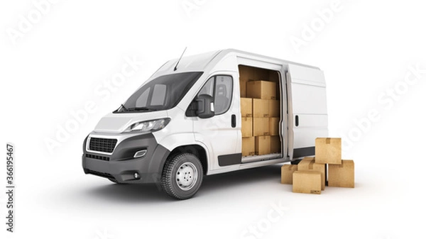 Fototapeta commercial delivery vans with cardboard boxes. 3d rendering