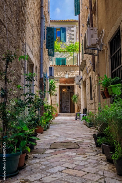 Fototapeta Picturesque narrow streets of the Old town in Kotor Montenegro in the Balkans on the Adriatic Sea