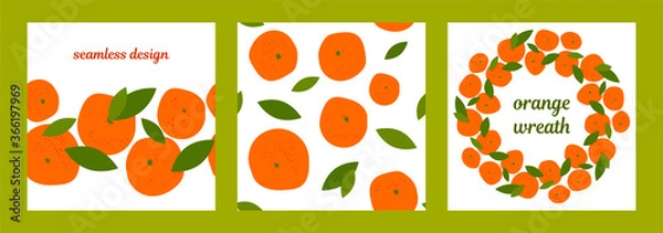 Fototapeta set of three templates with oranges, tangerines, mandarin and leaves on a white background. citrus wreath. modern abstract design for packaging, print for clothes, fabric