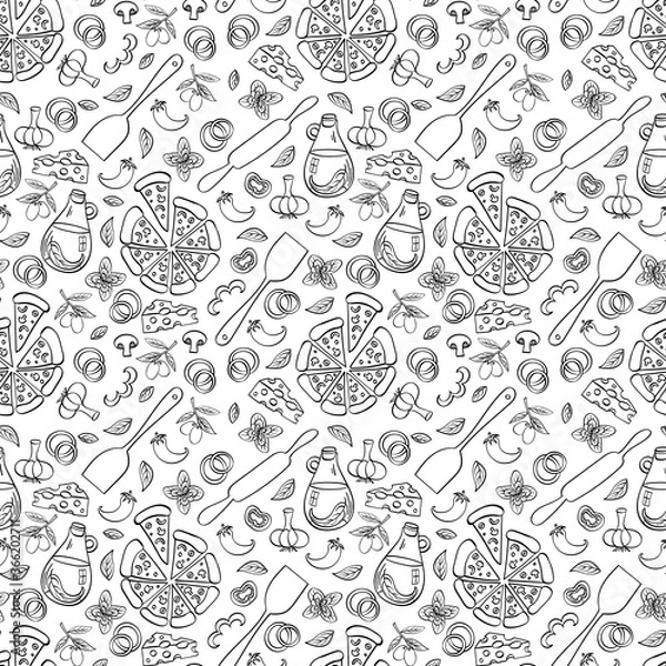 Obraz Pizza seamless pattern. Doodle food objects isolated on white background. Vector illustration.