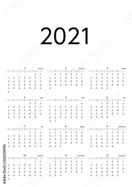 Fototapeta 2021年六曜入り日曜始まりカレンダー