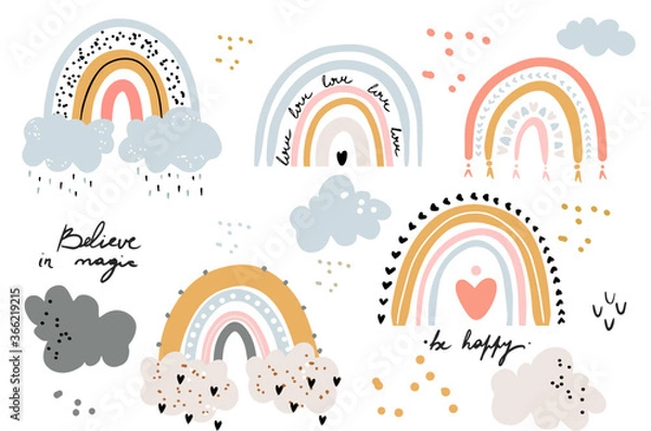 Fototapeta Vector rainbow clipart set Children illustration Modern print for girl or boy Nursery Modern Printable art on white background