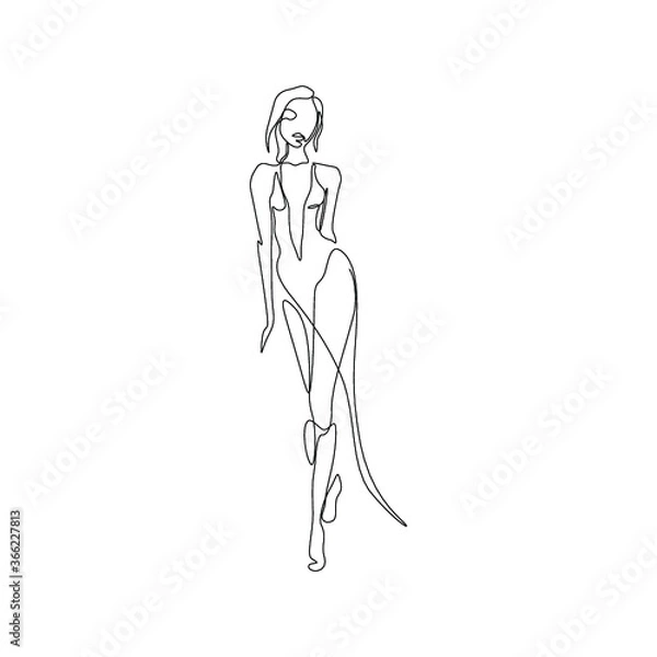 Fototapeta Beautiful fashion woman abstract silhouette, continuous line drawing, girl in long dress, single line on a white background, isolated vector illustration. Tattoo, print and logo design, beauty salon. 