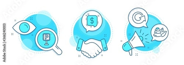 Fototapeta Spa stones, Parking and Reload line icons set. Handshake deal, research and promotion complex icons. Payment message sign. Bath, Auto park, Update. Finance. Vector