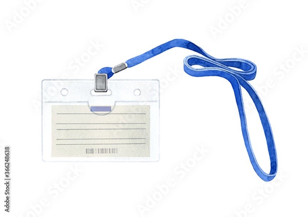 Fototapeta Hand drawn watercolor illustration of plastic badge with blue lanyard. Template for presentation of their design. Isolated objects on white background.