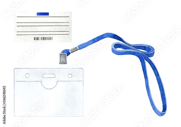 Fototapeta Hand drawn watercolor illustration of plastic badge with blue lanyard. Template for presentation of their design. Isolated objects on white background.