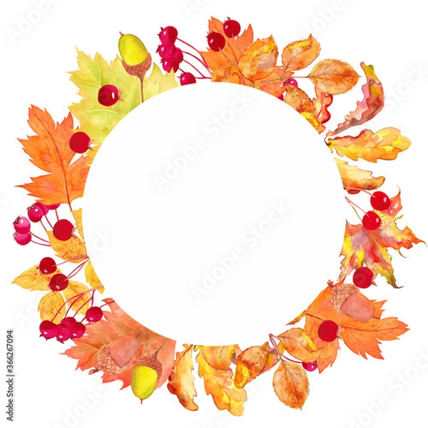 Obraz Watercolor wreath of autumn leaves and berries . Beautiful round wreath of yellow and red leaves, berries, branches.