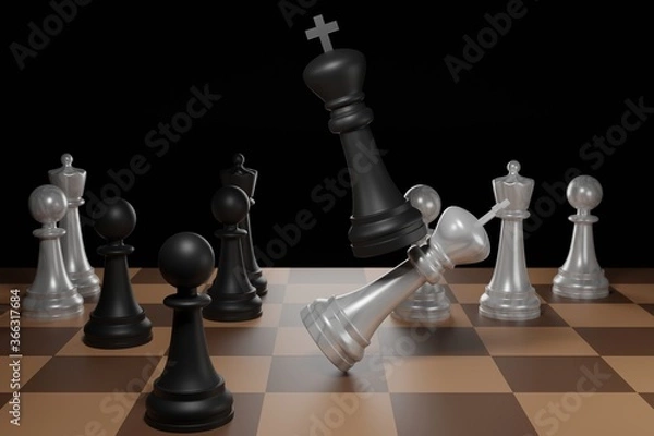 Fototapeta POV to the chess board game figure in competition success play. strategy, management or leadership concept in 3d rendering illustration