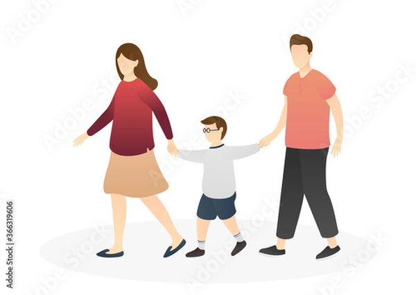 Fototapeta mom and dad walking while holding their kid hands. nurturing, care, good parenting, good nurturing, care, bonding, trust and support between parents and children. flat vector illustration