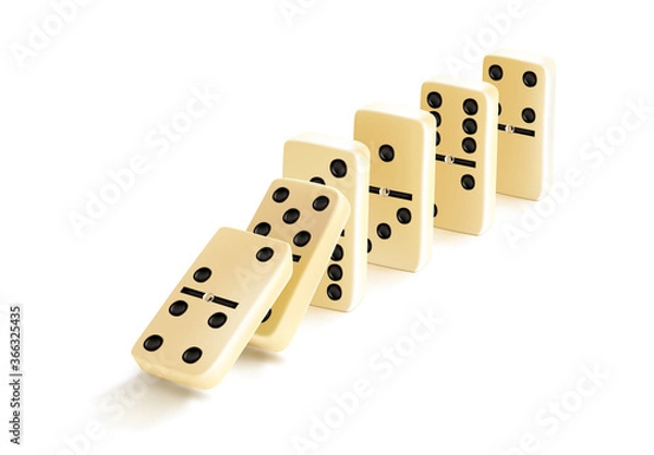 Obraz Fallen domino tiles raw. Realistic vector domino effect. Graphic illustration isolated on white background. White bones board game.