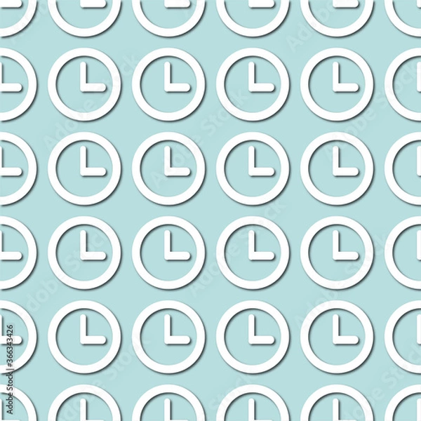 Fototapeta White clock face, dial on pale blue, turquoise background, seamless pattern. Paper cut style