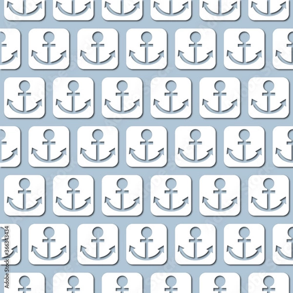 Fototapeta White anchor on pale blue background, seamless pattern. Paper cut style with drop shadows and highligts.