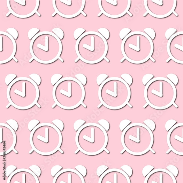 Fototapeta White clock face, dial, alarm on pale pink background, seamless pattern. Paper cut style with drop shadows