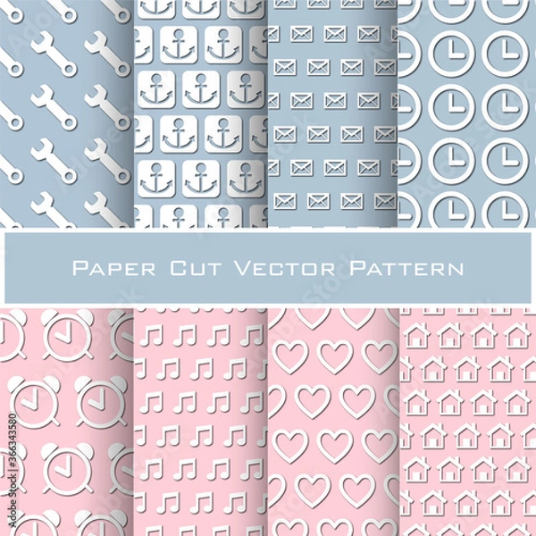 Fototapeta Set of paper cut seamless patterns with wrench, anchor, envelope, clock, notes, hearts, houses on blue and pink