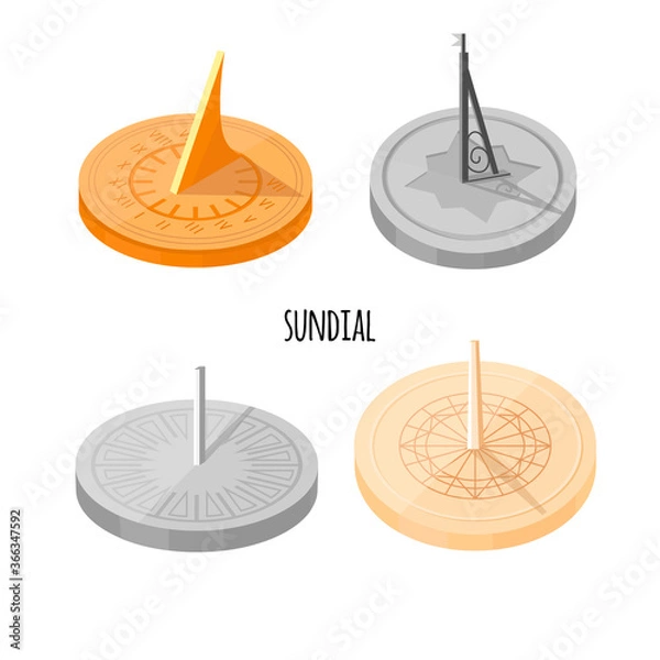 Fototapeta Image of a sundial. Set. Flat design. Vector illustration. Isolated on white background.