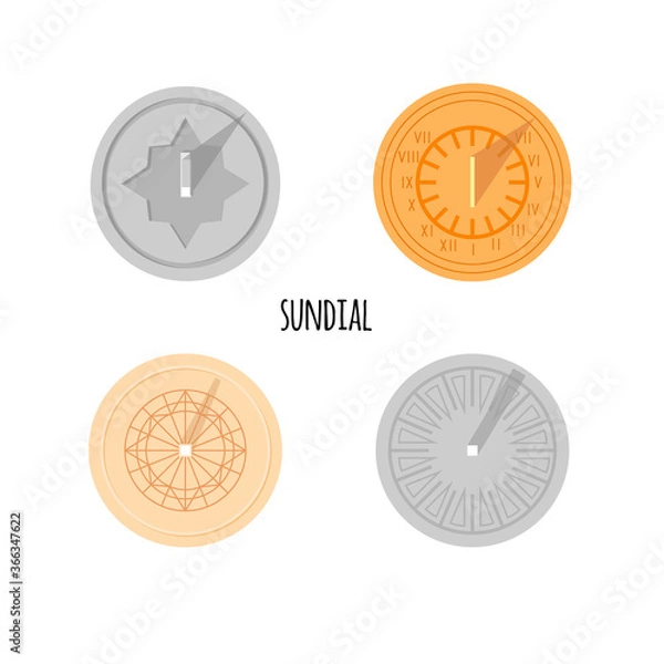 Fototapeta Image of a sundial. View from above. Set. Flat design. Vector illustration. Isolated on white background.