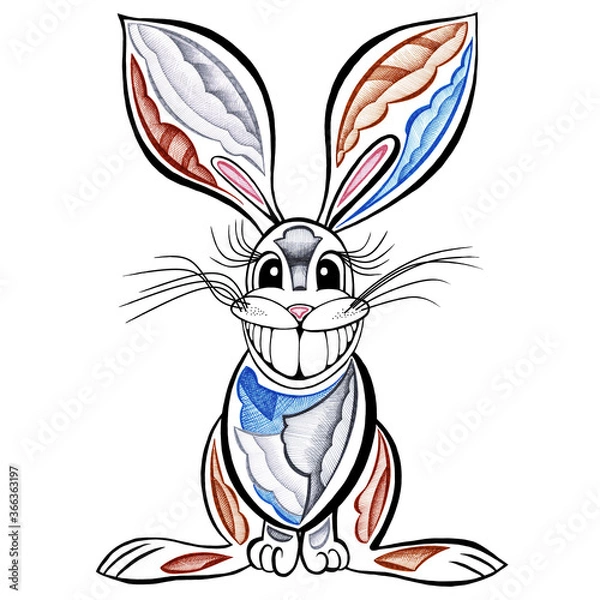 Obraz Rabbit smiles hand drawn with color markers decorative style sketch isolated on a white background.