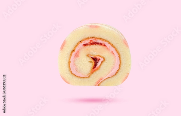 Fototapeta Close-up of the strawberry jam in the Strawberry milk flavored roll cake , Ideal for use in the design put images and insert text.