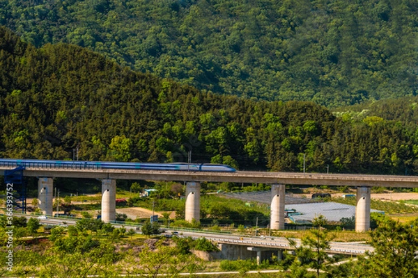 Obraz High speed train in rural countryside.