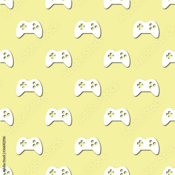 Fototapeta White game consoles icon on pale green background, seamless pattern. Paper cut style with drop shadows