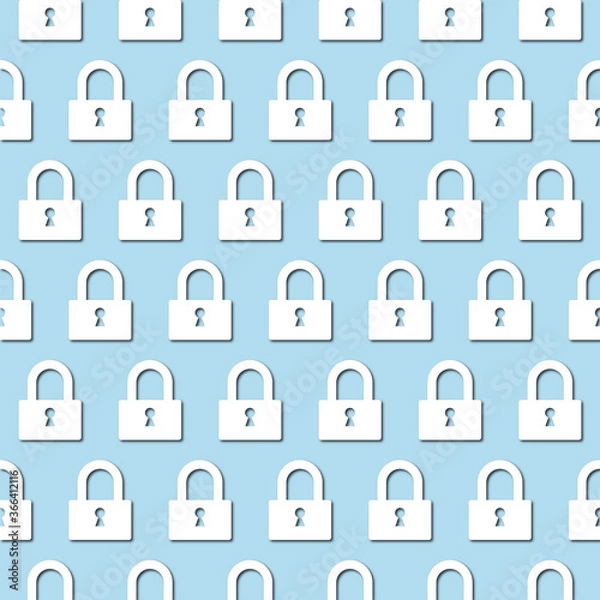 Fototapeta White lock icon on pale blue background, seamless pattern. Paper cut style with drop shadows