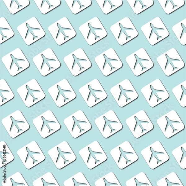 Fototapeta White plane icon on pale blue turquoise background, seamless pattern. Paper cut style with drop shadows