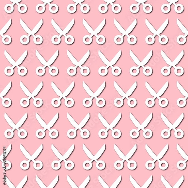 Fototapeta White scissors icon on pale pink background, seamless pattern. Paper cut style with drop shadows