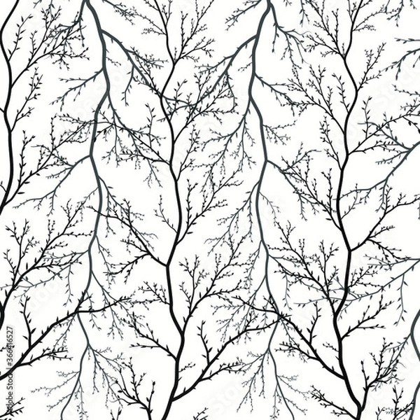 Fototapeta Tree branches silhouette isolated on white background. Abstract forest vector texture. Thin branches with blooming leaves. Forest background for natural design. Young deciduous trees.