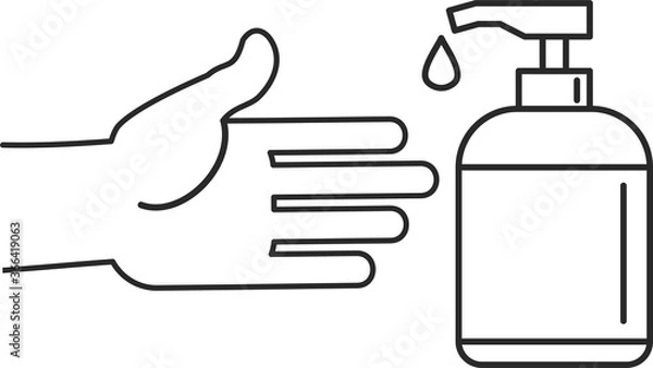 Fototapeta Hand sanitizer bottle, personal protective equipment, disinfectant sprays to prevent viruses, coronavirus. The hand reaches for the bottle of antiseptic. Vector flat infographics illustration
