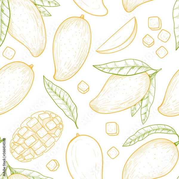 Fototapeta Vector mango  hand drawn sketch.  Vector seamless pattern.  Vintage style