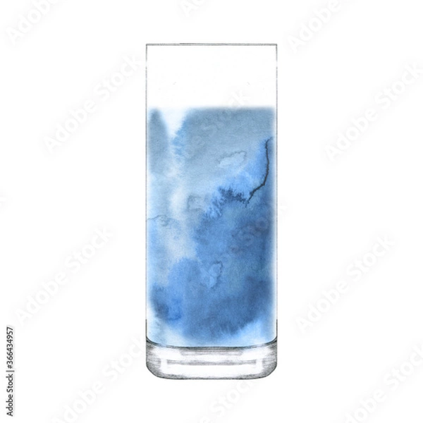Fototapeta High ball glass of drinking water isolated on white. Hand drawn illustration of cup with beverage. Pencil sketch of glassware. Design element for bar and restaurant menu, recipes, flyers.