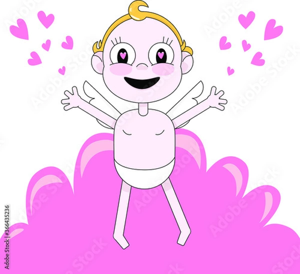 Obraz Cartoon cute cupid with flying hearts. Love card for Valentine's Day. The body parts are taken out on separate layers.