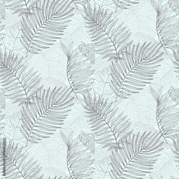 Fototapeta Vector Tropical Palm Tree Leaves seamless pattern. Exotic Leaf Background. Botanical hand drawn illustration in sketch style for fabric print, wrapping paper.