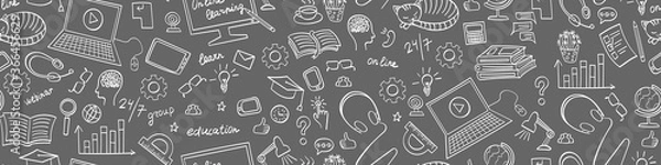 Obraz Edukacja online bez szwu baneru internetowego. Kształcenie na odległość gryzmoły na szarym tle. Ilustracji wektorowych.