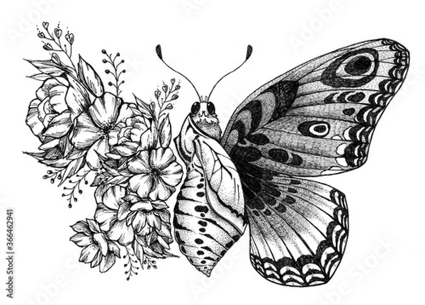 Fototapeta Butterfly tattoo design with flowers. Butterfly birth.