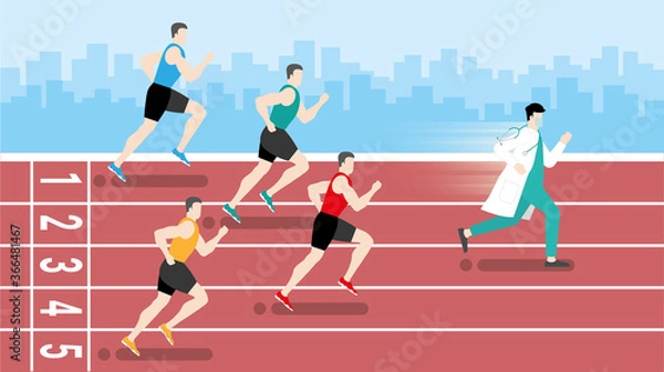Fototapeta Funny concept. The faster doctor running win over runners athlete in the race track.