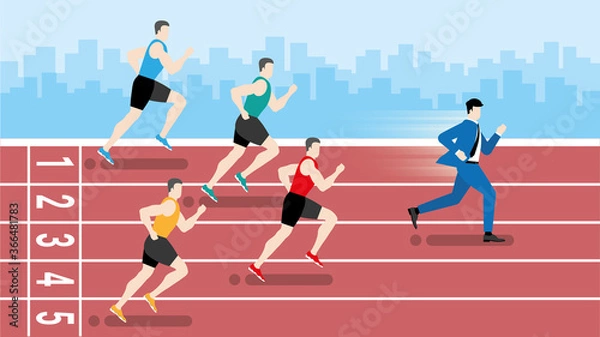Fototapeta Funny concept. Faster businessman running win over runners athlete in the race track.