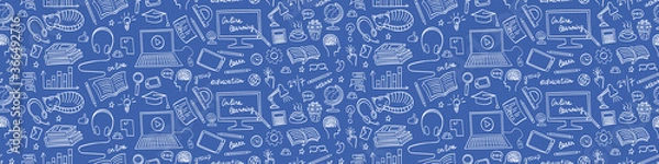 Obraz Online education seamless border. Distance learning doodles on blue background. Vector illustration.