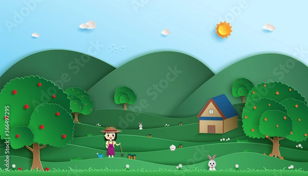 Fototapeta young girl with a vegetable garden, a carrot and his orchard. and there's a rabbit looking for carrots and view of the nature forest green. and paper cut style. and background.
