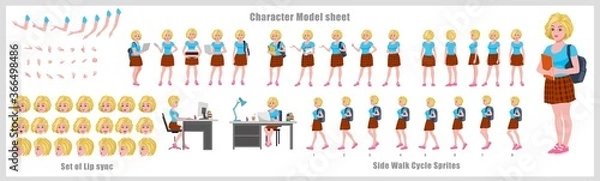 Fototapeta Arkusz modelu postaci ucznia o blond włosach z animacją cyklu spacerowego. Projekt postaci dziewczyny. Widok z przodu, z boku, z tyłu i animacja wyjaśniająca. Zestaw znaków z synchronizacją ust