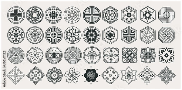 Obraz Zestaw ręcznie rysowane elementy orientalne. Czarna mandala / azjatycki tradycyjny design.