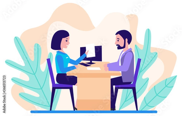 Obraz The loan processing. The bank manager prepares the contract with the client. Financial advisor. Flat design. Vector illustration.